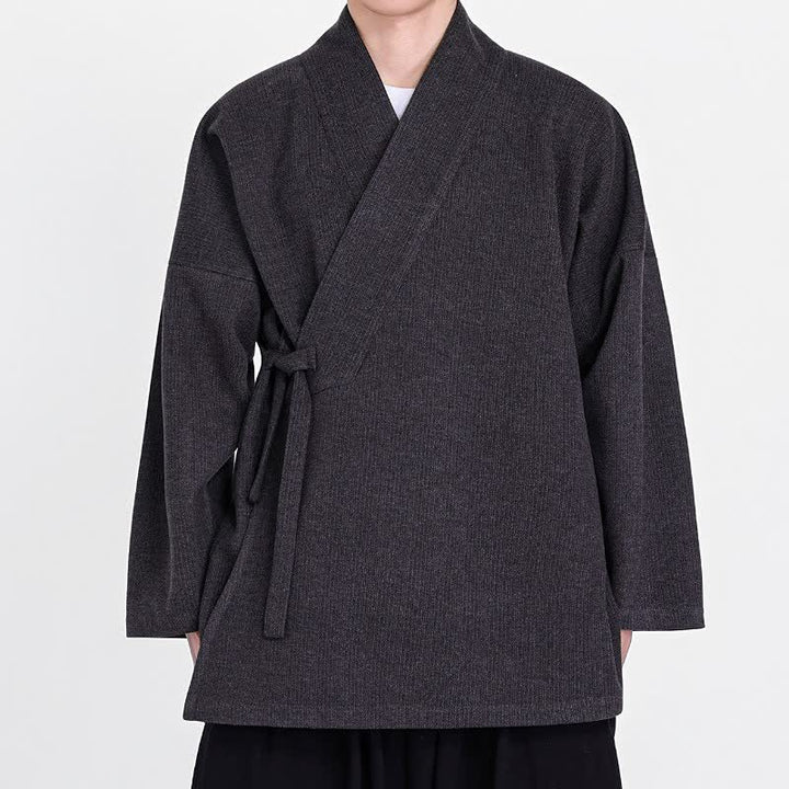 Buddha Stones Kimonos pour hommes en velours côtelé uni, style classique minimaliste automne-hiver - Gris terne - US/UK/AU46，EU56 (5XL) - image 4