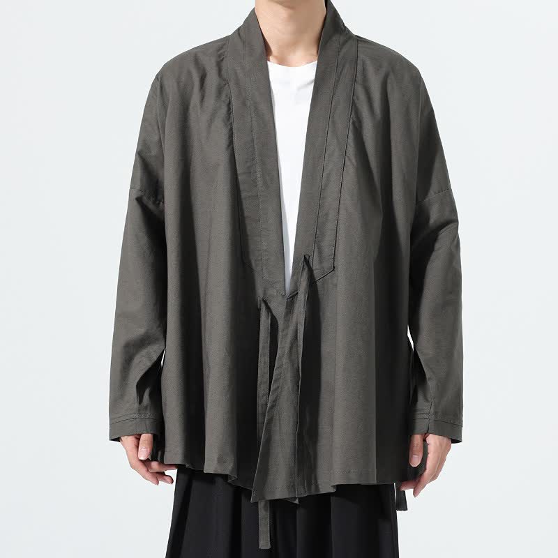 Buddha Stones Kimonos minimalistes d'automne pour hommes, style Tang, à cordon de serrage, unis - Gris terne - US/UK/AU46，EU56 (5XL) - image 0