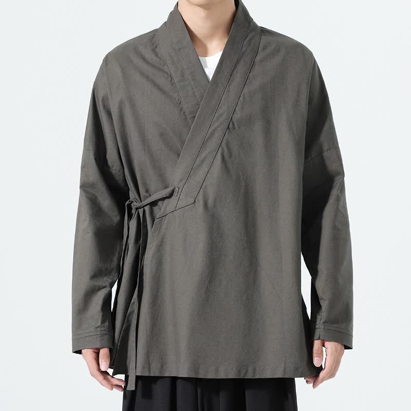 Buddha Stones Kimonos minimalistes d'automne pour hommes, style Tang, à cordon de serrage, unis - image 1