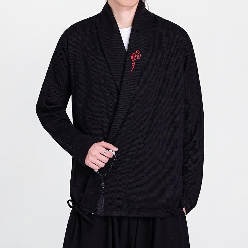 Buddha Stones Kimonos homme style Tang brodés, unis, automne-hiver, décontractés - Noir - US/UK/AU46，EU56 (5XL) - image 0