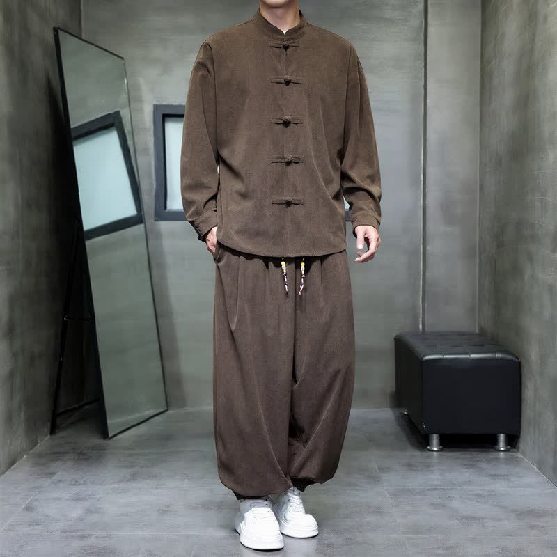 Buddha Stones Chemise de méditation décontractée pour homme, style Tang, automne-hiver, avec boutons grenouille et poche. - image 1