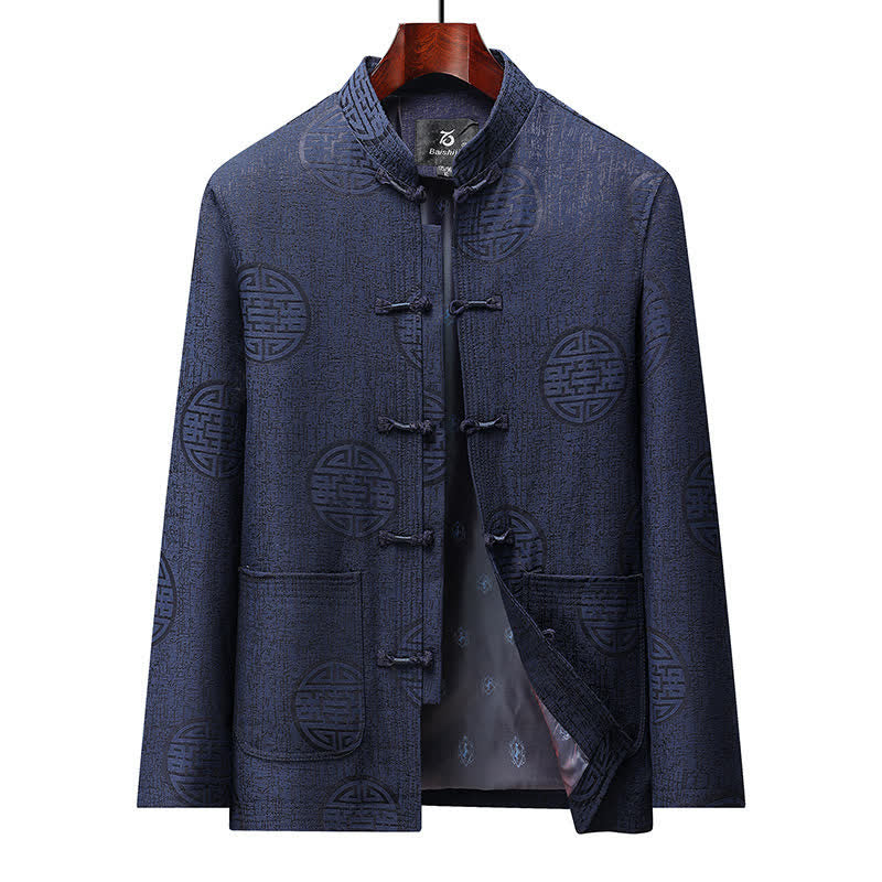 Buddha Stones Vestes homme automne-hiver vintage style Tang, à boutons grenouille et motifs géométriques, avec poches - Marine - US/UK/AU44，EU54 (4XL) - image 0