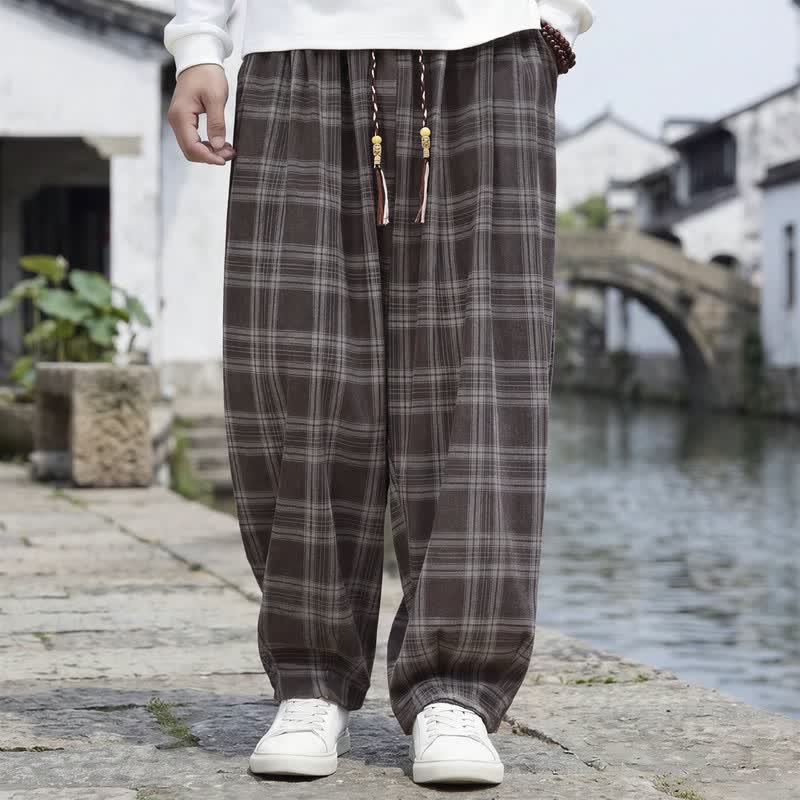Buddha Stones Pantalon harem homme décontracté automne-hiver vintage à carreaux avec cordon de serrage et poches - SaddleBrown - US/UK/AU48，EU58 (6XL) - image 0