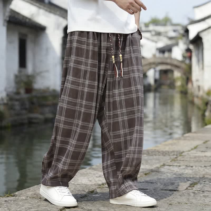Buddha Stones Pantalon harem homme décontracté automne-hiver vintage à carreaux avec cordon de serrage et poches - image 1