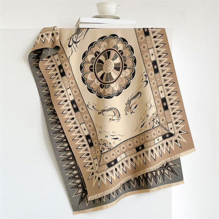 Buddha Stones Châle bohème à franges, imprimé géométrique mandala, printemps-automne - Kaki - 185 x 65 cm - image 2