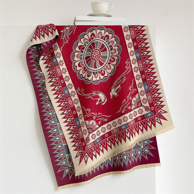 Buddha Stones Châle bohème à franges, imprimé géométrique mandala, printemps-automne - Briques réfractaires - 185 x 65 cm - image 6