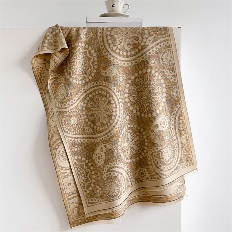 Buddha Stones Châle à pompons à motif cachemire baroque automnal et fleurs de cajou - Kaki - 190 x 70 cm - image 12