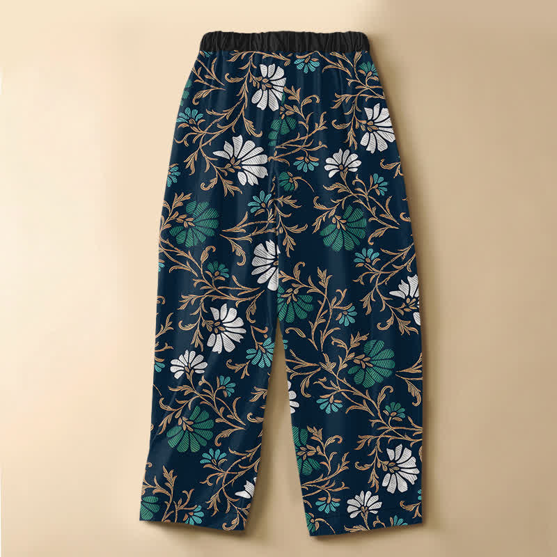Buddha Stones Pantalon harem pour femme en pur coton, à motif floral et végétal, avec boutons brandebourg et taille élastique et poches. - image 1