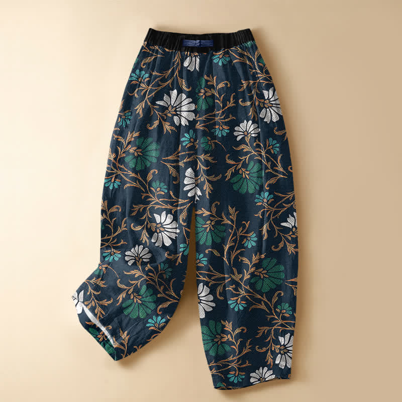 Buddha Stones Pantalon harem pour femme en pur coton, à motif floral et végétal, avec boutons brandebourg et taille élastique et poches. - Marine - US16，UK/AU20，EU48 (3XL) - image 0