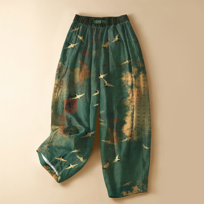 Buddha Stones Pantalon harem pour femme en pur coton, motif calligraphie vintage de grues, boutons grenouille, taille élastique et poches - Vert d'eau - US16，UK/AU20，EU48 (3XL) - image 0
