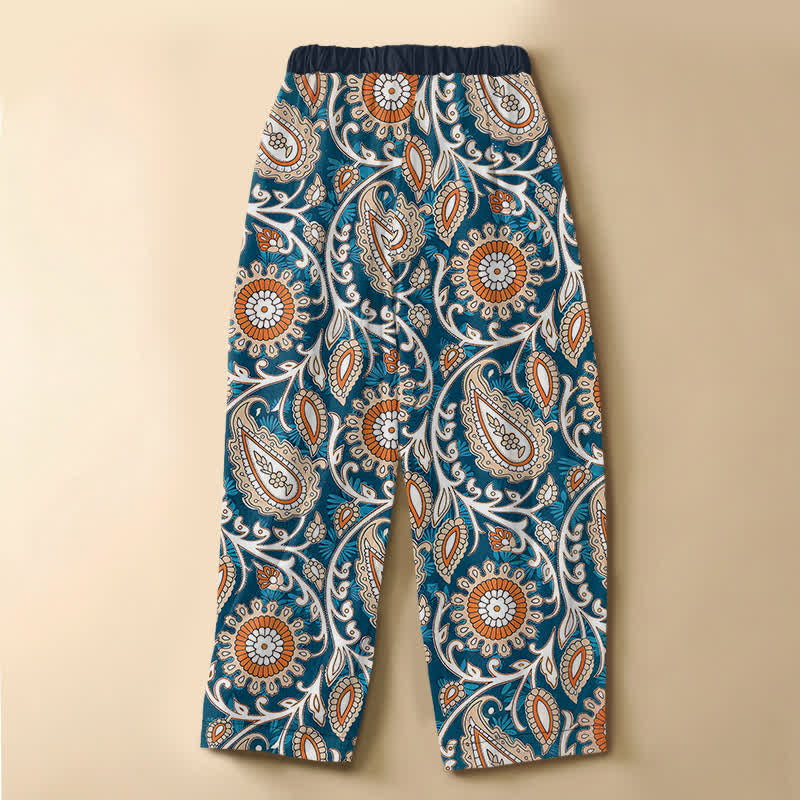 Buddha Stones Pantalon harem pour femme en pur coton, motif cachemire floral bohème, taille élastique et poches, boutonnage brandebourg. - image 1