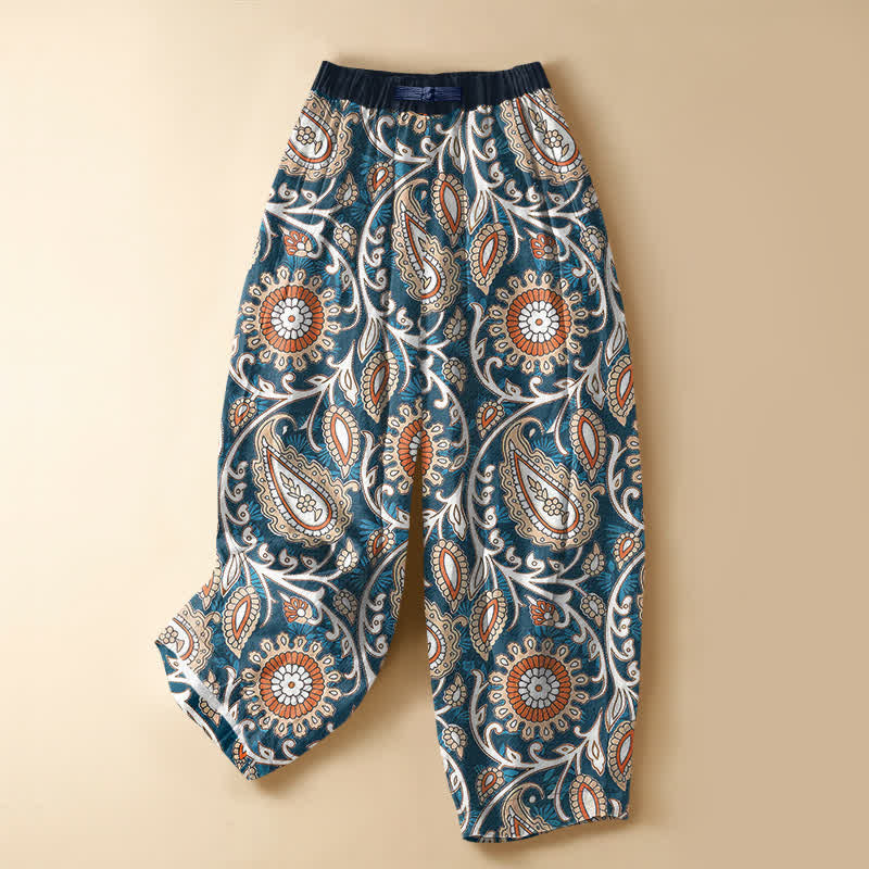 Buddha Stones Pantalon harem pour femme en pur coton, motif cachemire floral bohème, taille élastique et poches, boutonnage brandebourg. - SteelBlue - US16，UK/AU20，EU48 (3XL) - image 0