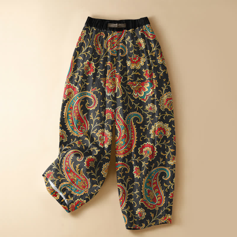 Buddha Stones Pantalon harem pour femme en pur coton, motif floral rétro, boutons brandebourg, taille élastique et poches - Noir - US16，UK/AU20，EU48 (3XL) - image 0