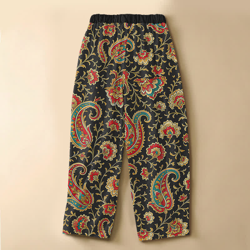 Buddha Stones Pantalon harem pour femme en pur coton, motif floral rétro, boutons brandebourg, taille élastique et poches - image 1
