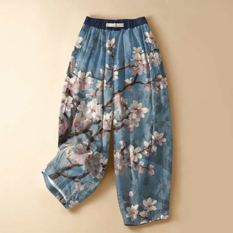 Buddha Stones Pantalon harem pour femme en pur coton, motif branches de cerisier vintage, boutons grenouille, taille élastique et poches - Bleu ciel clair - US16，UK/AU20，EU48 (3XL) - image 0