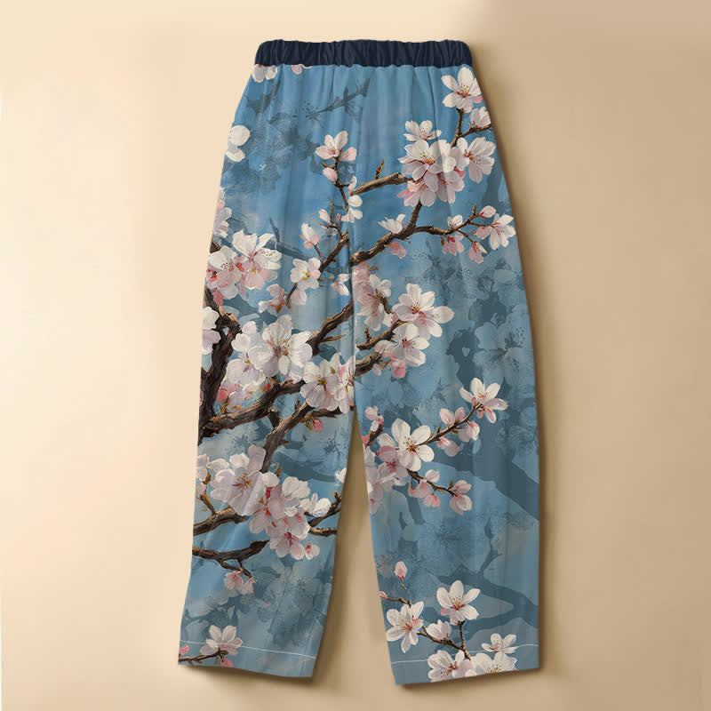 Buddha Stones Pantalon harem pour femme en pur coton, motif branches de cerisier vintage, boutons grenouille, taille élastique et poches - image 1