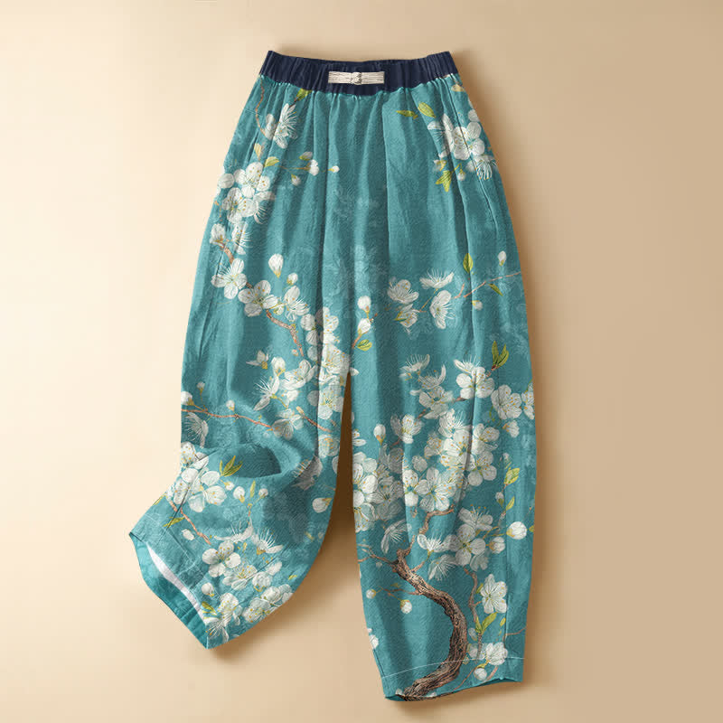 Buddha Stones Pantalon harem pour femme en pur coton, motif floral vintage, boutons brandebourg, taille élastique et poches - Turquoise moyen - US16，UK/AU20，EU48 (3XL) - image 0