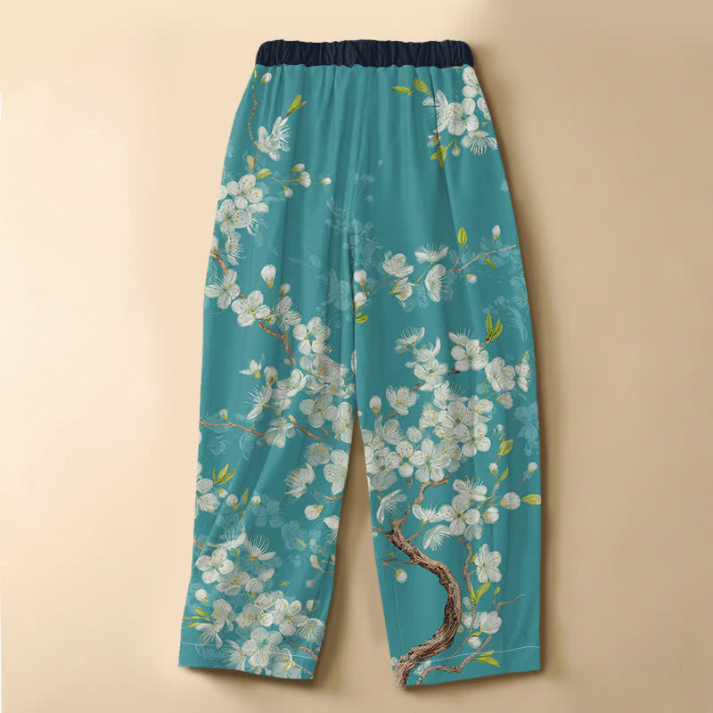 Buddha Stones Pantalon harem pour femme en pur coton, motif floral vintage, boutons brandebourg, taille élastique et poches - image 1