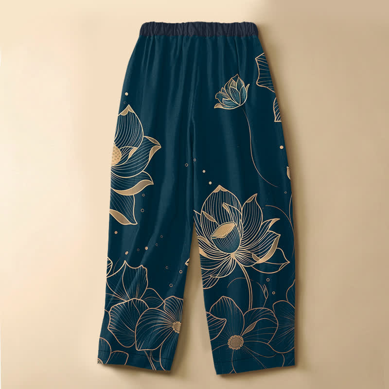 Buddha Stones Pantalon harem pour femme en pur coton, motif lotus, bouton brandebourg, taille élastique et poches - image 1