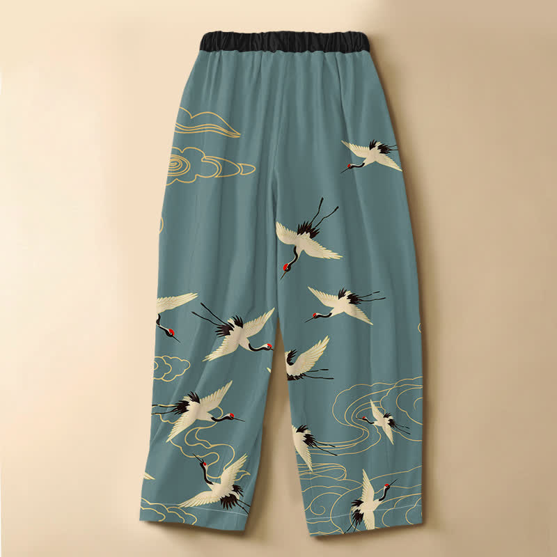 Buddha Stones Pantalon harem pour femme en pur coton élégant à motif grue et nuage, boutonné grenouille, taille élastique et poches - image 1