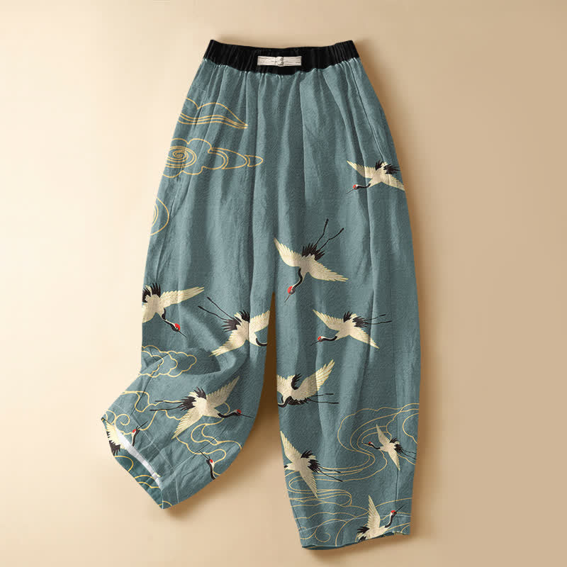 Buddha Stones Pantalon harem pour femme en pur coton élégant à motif grue et nuage, boutonné grenouille, taille élastique et poches - CadetBlue - US16，UK/AU20，EU48 (3XL) - image 0