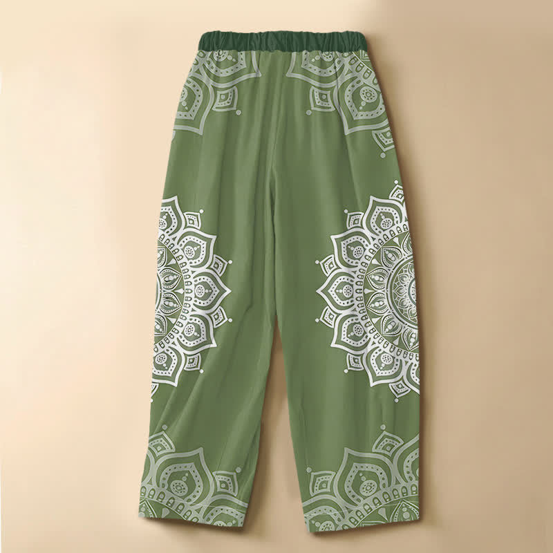 Buddha Stones Pantalon harem pour femme en pur coton blanc à motif mandala bohème, taille élastique et poches, avec boutons grenouille. - image 1