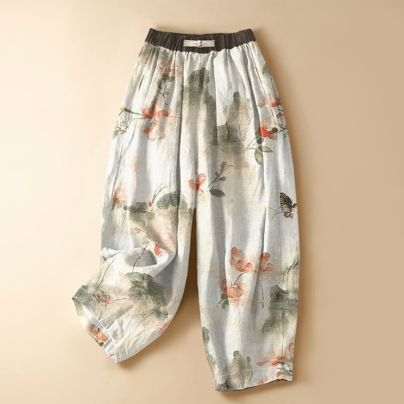 Buddha Stones Pantalon harem pour femme en pur coton, motif floral aquarelle papillon, boutons grenouille, taille élastique et poches - Ivoire - US16，UK/AU20，EU48 (3XL) - image 0