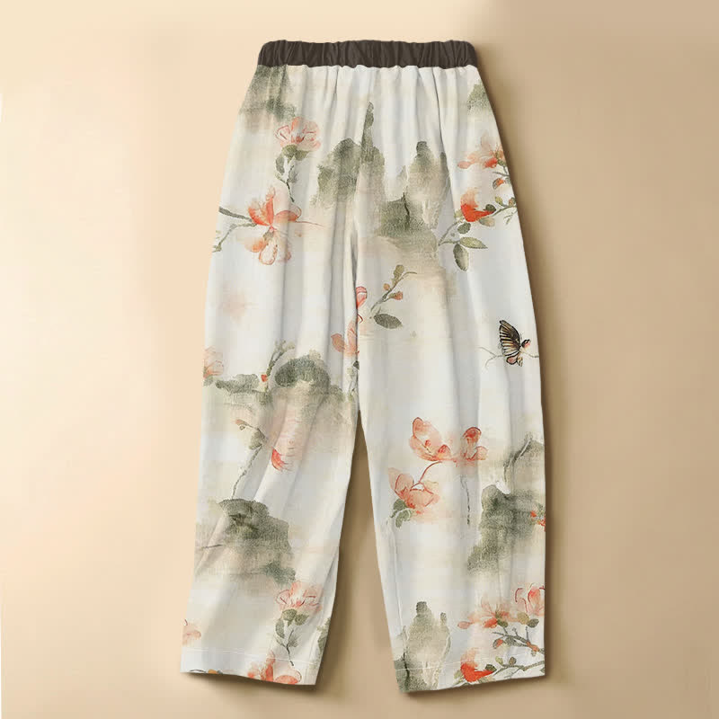 Buddha Stones Pantalon harem pour femme en pur coton, motif floral aquarelle papillon, boutons grenouille, taille élastique et poches - image 1