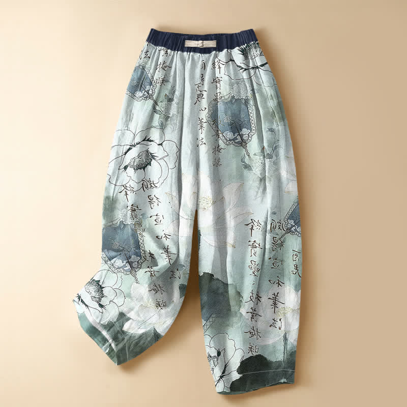 Buddha Stones Pantalon harem pour femme en pur coton, motif floral oriental délavé à l'encre, bouton brandebourg, taille élastique et poches - Bleu vert - US16，UK/AU20，EU48 (3XL) - image 0