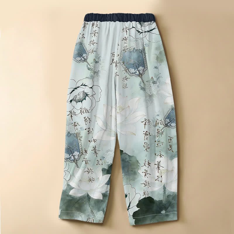 Buddha Stones Pantalon harem pour femme en pur coton, motif floral oriental délavé à l'encre, bouton brandebourg, taille élastique et poches - image 1