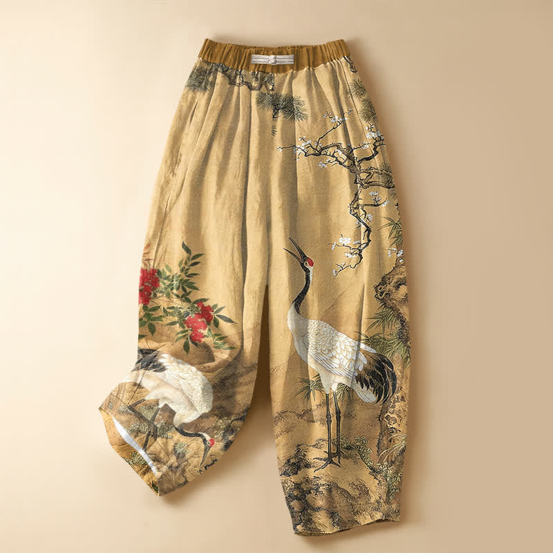 Buddha Stones Pantalon harem pour femme en pur coton, motif de fleurs de grue orientales, boutons brandebourg, taille élastique et poches - Tanné - US16，UK/AU20，EU48 (3XL) - image 0