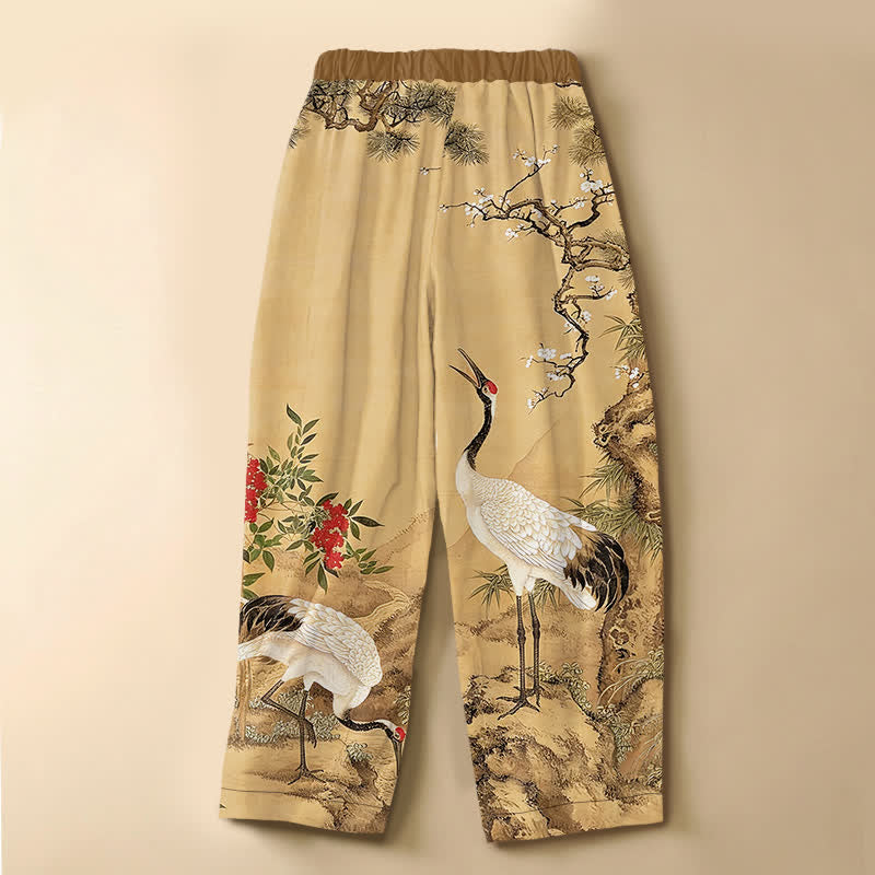 Buddha Stones Pantalon harem pour femme en pur coton, motif de fleurs de grue orientales, boutons brandebourg, taille élastique et poches - image 1
