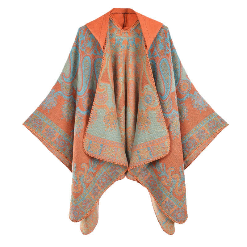 Buddha Stones Poncho style bohème à capuche, motif cachemire géométrique, automne-hiver - image 3