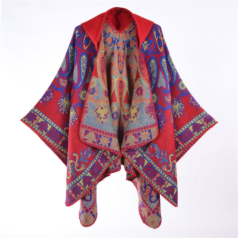 Buddha Stones Poncho style bohème à capuche, motif cachemire géométrique, automne-hiver - image 15