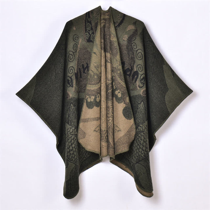 Buddha Stones Châle doux drapé oriental à motifs de poissons koi, d'automne et d'hiver - Noir - 130 x 150 cm - image 5