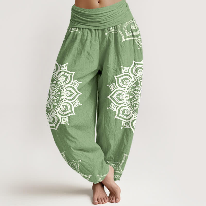 Buddha Stones Pantalon harem pour femme en pur coton blanc à motif floral mandala et taille élastique - Vert clair - US16，UK/AU20，EU48 (3XL) - image 0