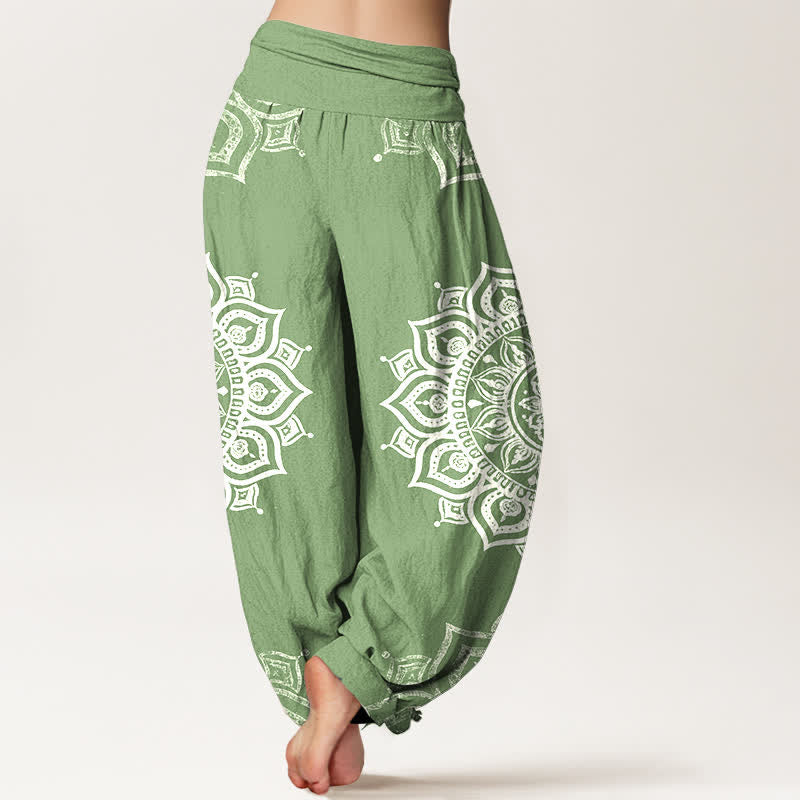 Buddha Stones Pantalon harem pour femme en pur coton blanc à motif floral mandala et taille élastique - image 1