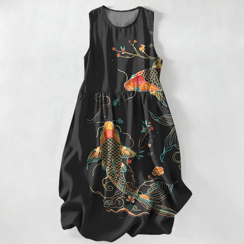 Buddha Stones Robe midi d'été décontractée pour femme, à motif floral ondulé et carpes koï, avec poches - Noir - US16，UK/AU20，EU48 (3XL) - image 0