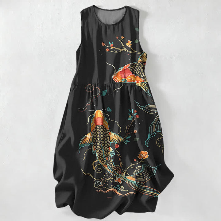 Buddha Stones Robe midi d'été décontractée pour femme, à motif floral ondulé et carpes koï, avec poches - Noir - US16，UK/AU20，EU48 (3XL) - image 0