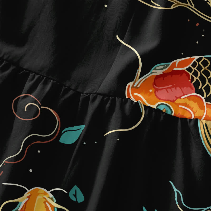 Buddha Stones Robe midi d'été décontractée pour femme, à motif floral ondulé et carpes koï, avec poches - image 1