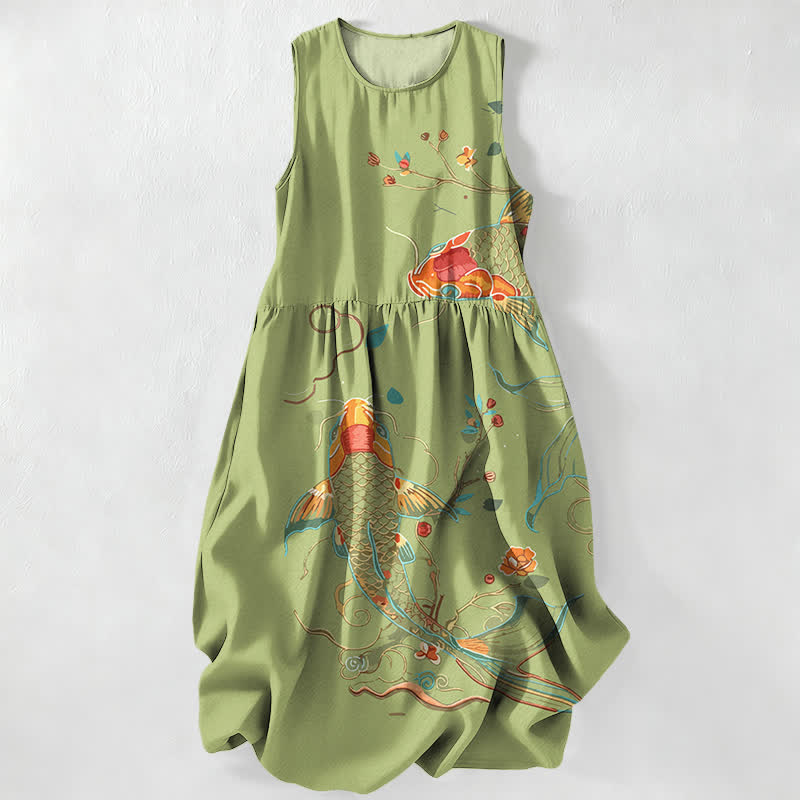 Buddha Stones Robe midi d'été décontractée pour femme, à motif floral ondulé et carpes koï, avec poches - Vert olive - US16，UK/AU20，EU48 (3XL) - image 5