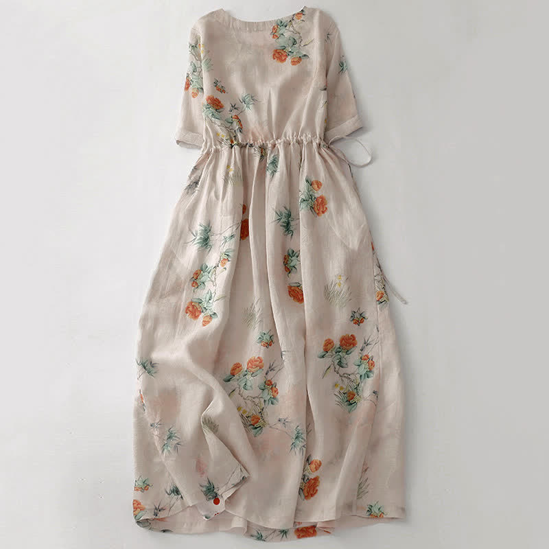 Buddha Stones Robe d'été vintage beige à col rond fleuri, manches courtes et poches, avec cordon de serrage et col rond. - image 1