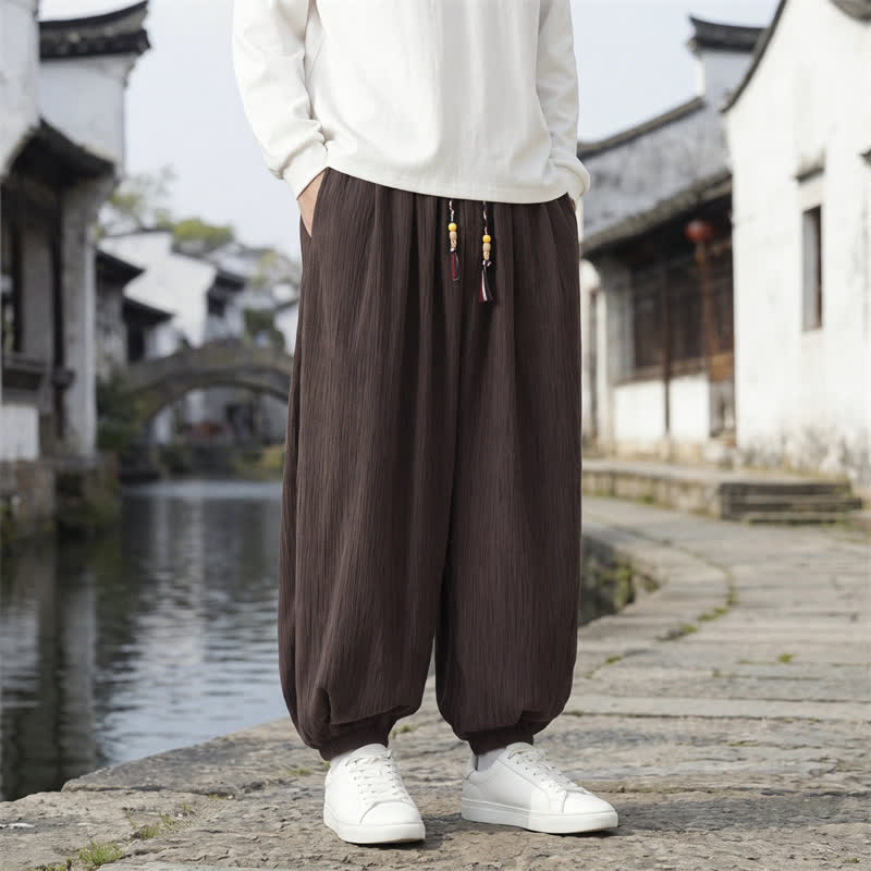 Buddha Stones Pantalon harem homme décontracté printemps automne vintage à cordon de serrage, couleur unie, longueur cheville, avec poches - image 1