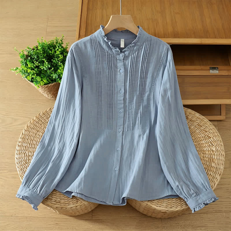 Buddha Stones Chemises à manches longues pour femmes, élégantes, vintage automne, boutonnées, à plis, en coton uni - Bleu acier clair - US12, UK/AU16, EU44 (2XL) - image 0