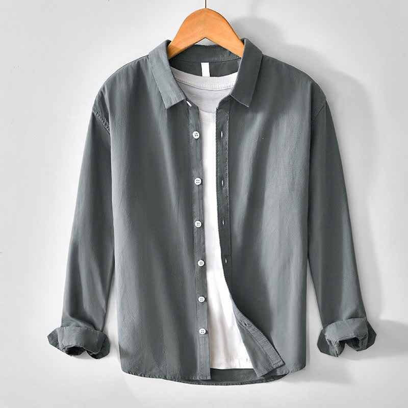 Buddha Stones Chemises à manches longues pour hommes, style minimaliste décontracté printanier, en coton uni, à boutons - Gris terne - US/UK/AU44, EU54 (4XL) - image 0