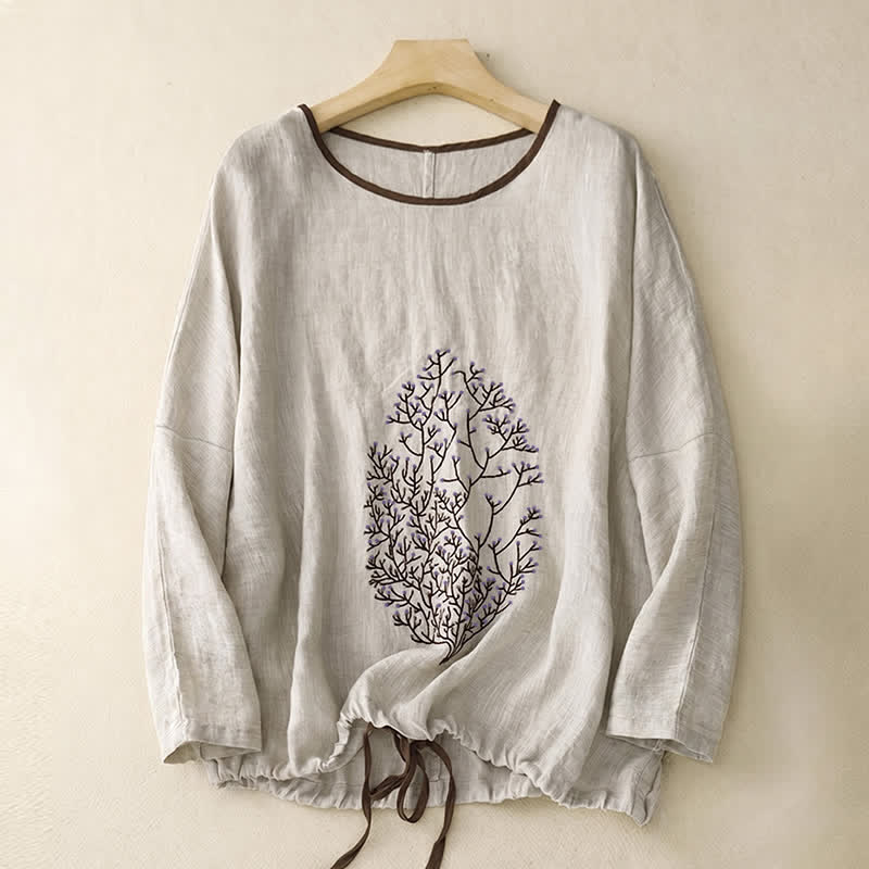 Buddha Stones T-shirt à manches longues pour femme, style décontracté printemps-automne, broderie arbre, cordon de serrage, col rond, coton et lin - image 1