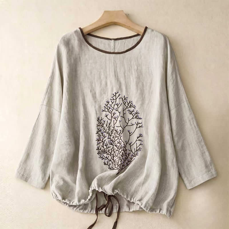 Buddha Stones T-shirt à manches longues pour femme, style décontracté printemps-automne, broderie arbre, cordon de serrage, col rond, coton et lin - Gris clair - US14，UK/AU18，EU46 (2XL) - image 0