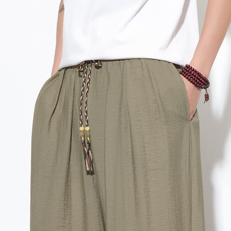 Buddha Stones Pantalon sarouel d'été bohème décontracté à cordon de serrage, uni, court, avec poches - image 35