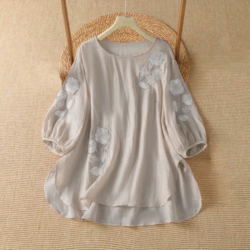 Buddha Stones T-shirt à manches longues pour femme, col rond, broderie florale blanche, style décontracté et élégant, idéal pour l'été. - MistyRose - US14, UK/AU18, EU46 (2XL) - image 0