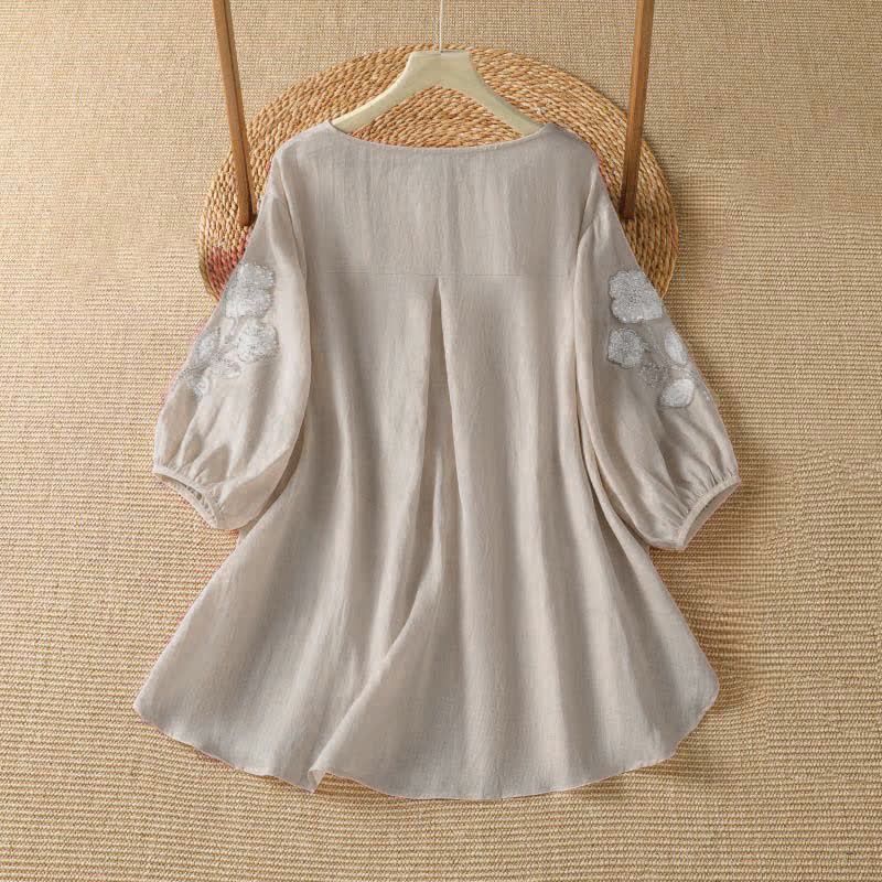 Buddha Stones T-shirt à manches longues pour femme, col rond, broderie florale blanche, style décontracté et élégant, idéal pour l'été. - image 1